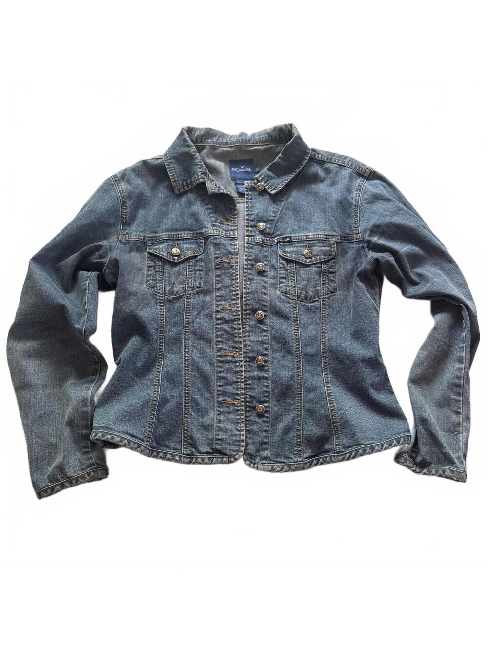 Faconnable Women’s Stretch Denim Jean Jacket Size S Blue Fitted Trucker Coat